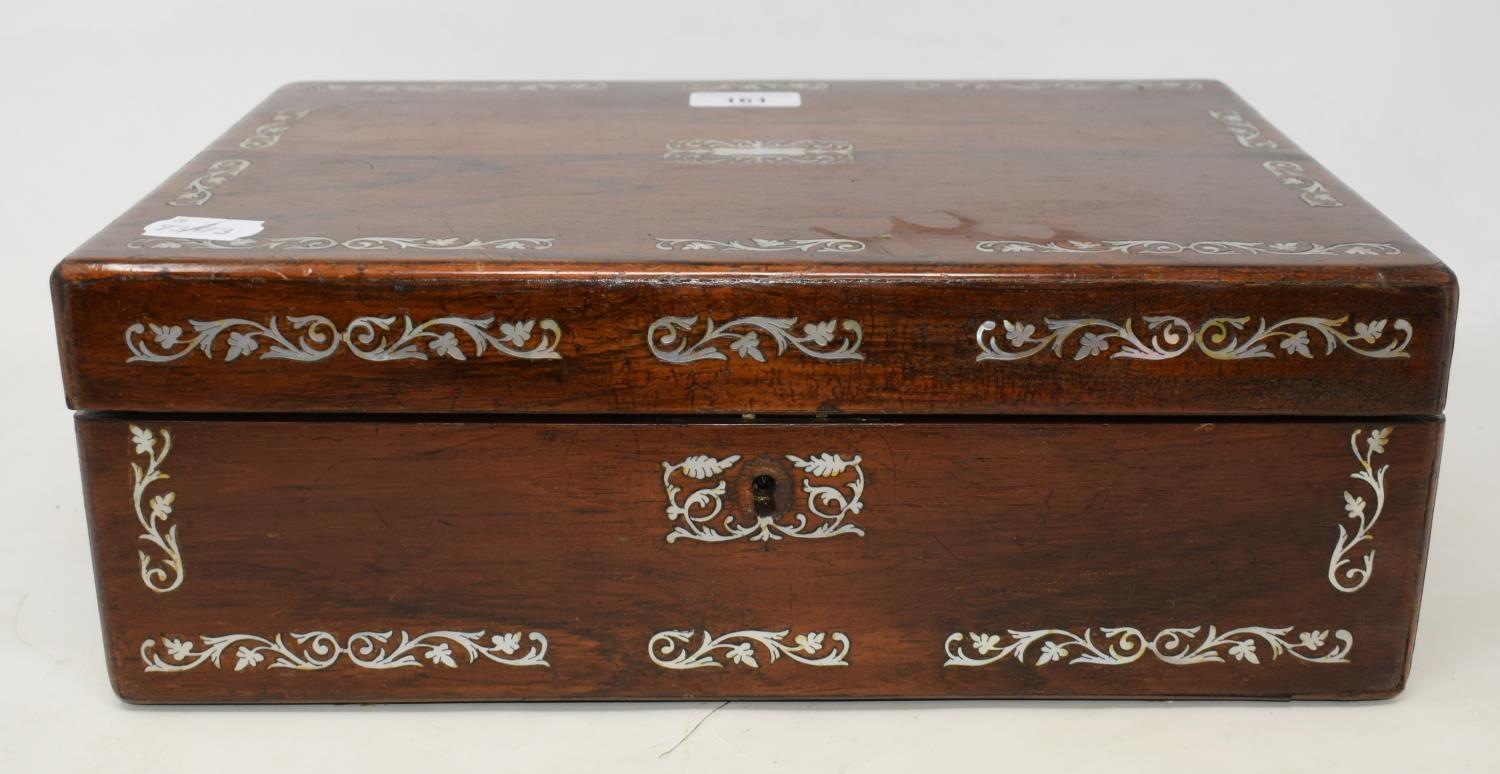 A 19th century rosewood and mother of pearl inlaid writing slope, 36 cm wide - Image 2 of 2