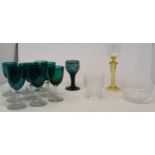 A set of nine early 20th century wine glasses with green bowls, and other glassware (2 boxes)