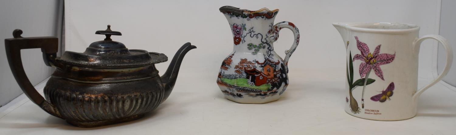 A Portmeirion jug, a silver plated teapot, and other items (2 boxes)