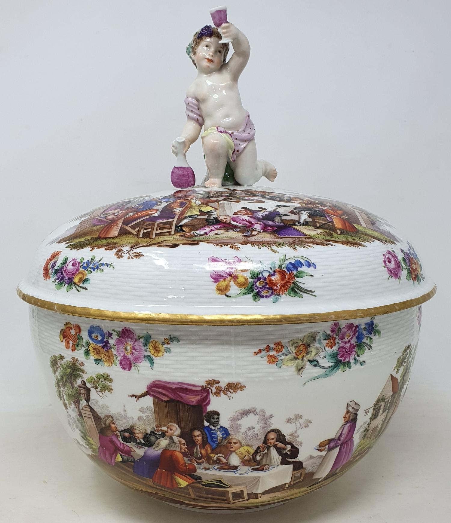 A Berlin porcelain punch bowl and cover, with a putto finial, decorated extensive scenes of - Image 15 of 15
