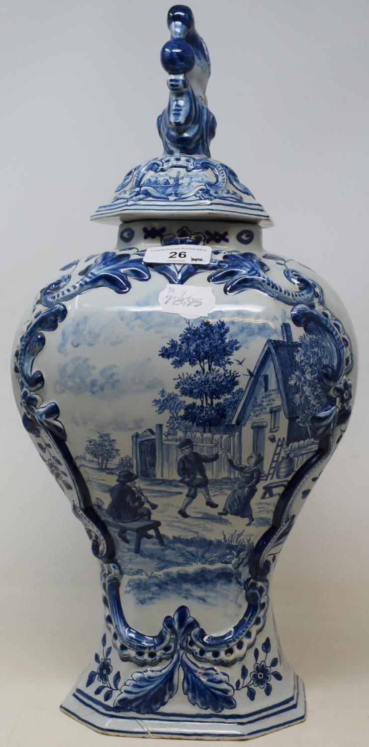 A 19th century delft blue and white vase and cover, 44 cm high