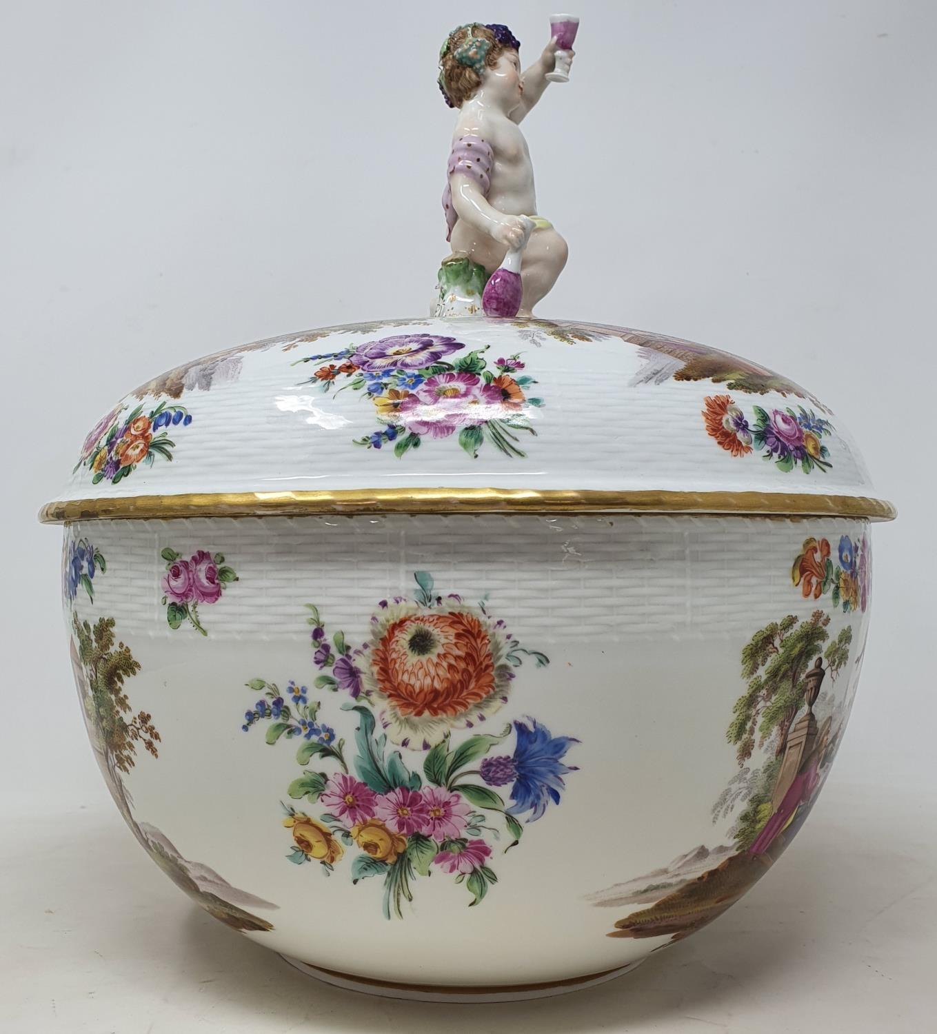 A Berlin porcelain punch bowl and cover, with a putto finial, decorated extensive scenes of - Image 4 of 15