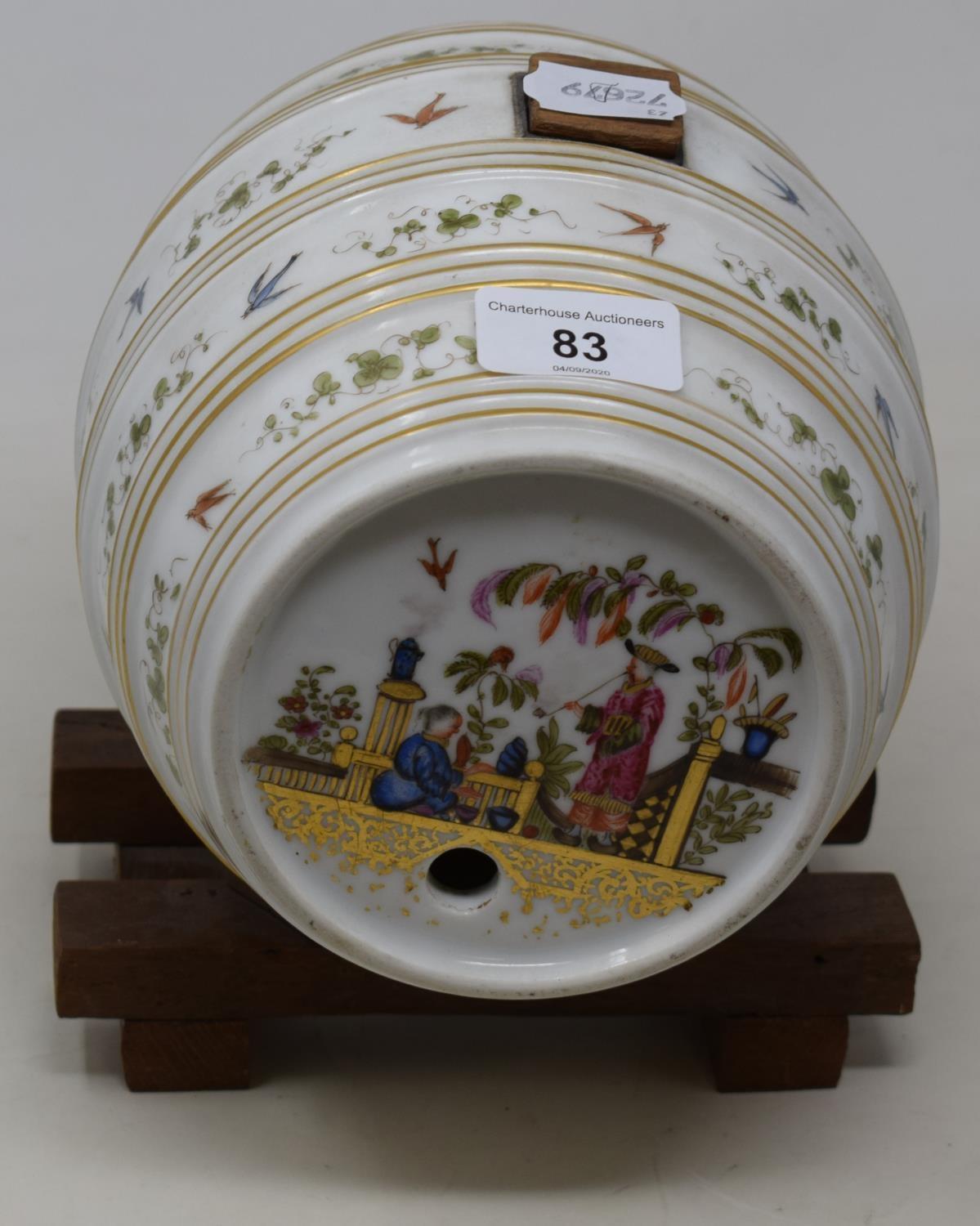 A 19th century Dresden spirit barrel, ends decorated in the Chinese manner, body with horizontal