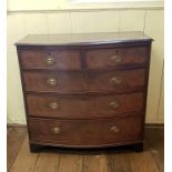 A 19th century mahogany bow front chest, having two short and three long drawers, 107 cm wide Veneer