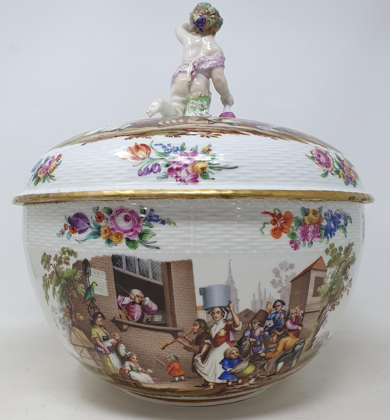 A Berlin porcelain punch bowl and cover, with a putto finial, decorated extensive scenes of - Image 3 of 15