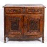 A 19th century French walnut buffet, with two drawers above two cupboard doors, on cabriole legs,