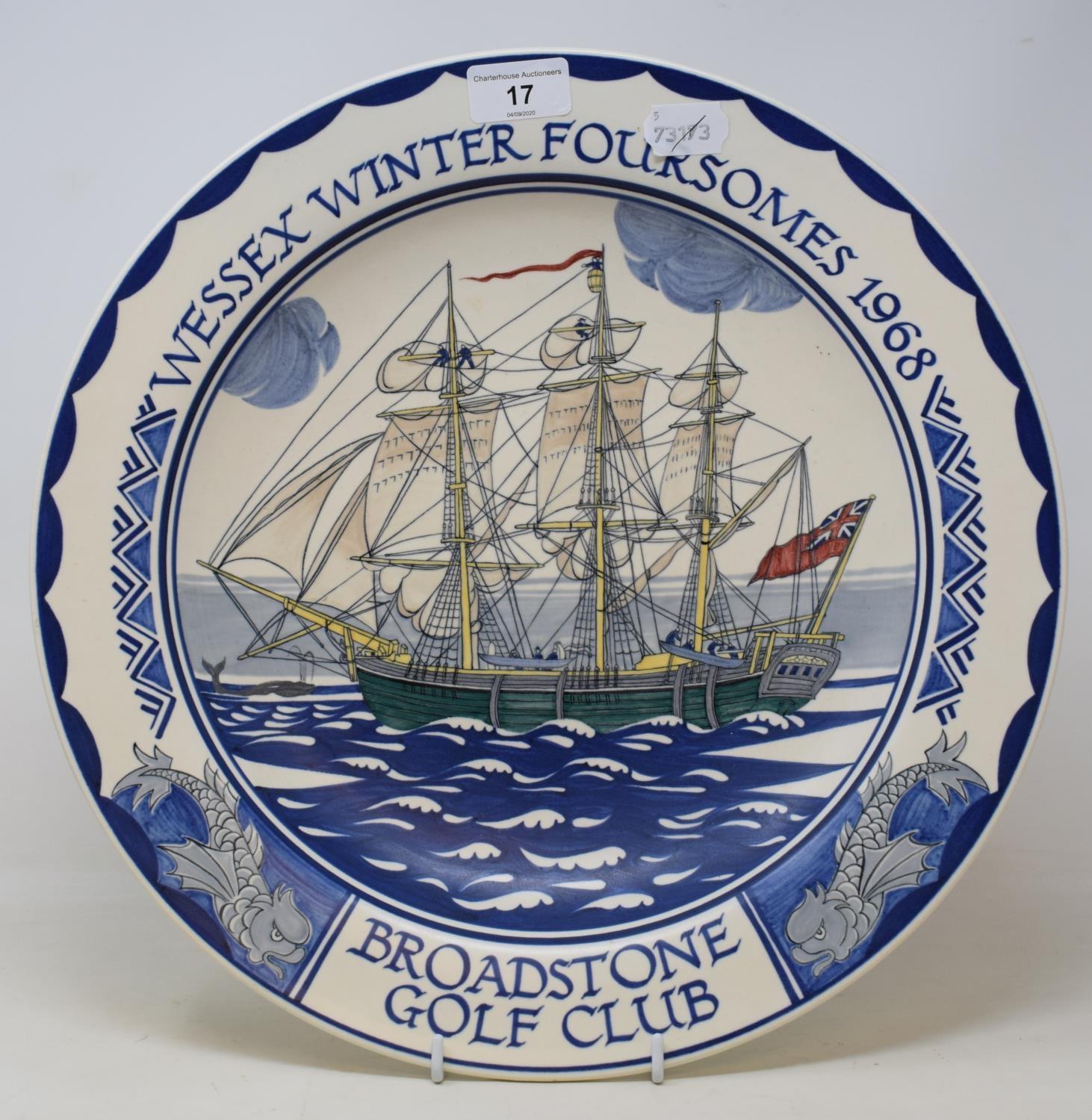 A Poole pottery charger, commemorating Wessex Winter Foursome 1968, Broadstone Golf Club, 38 cm