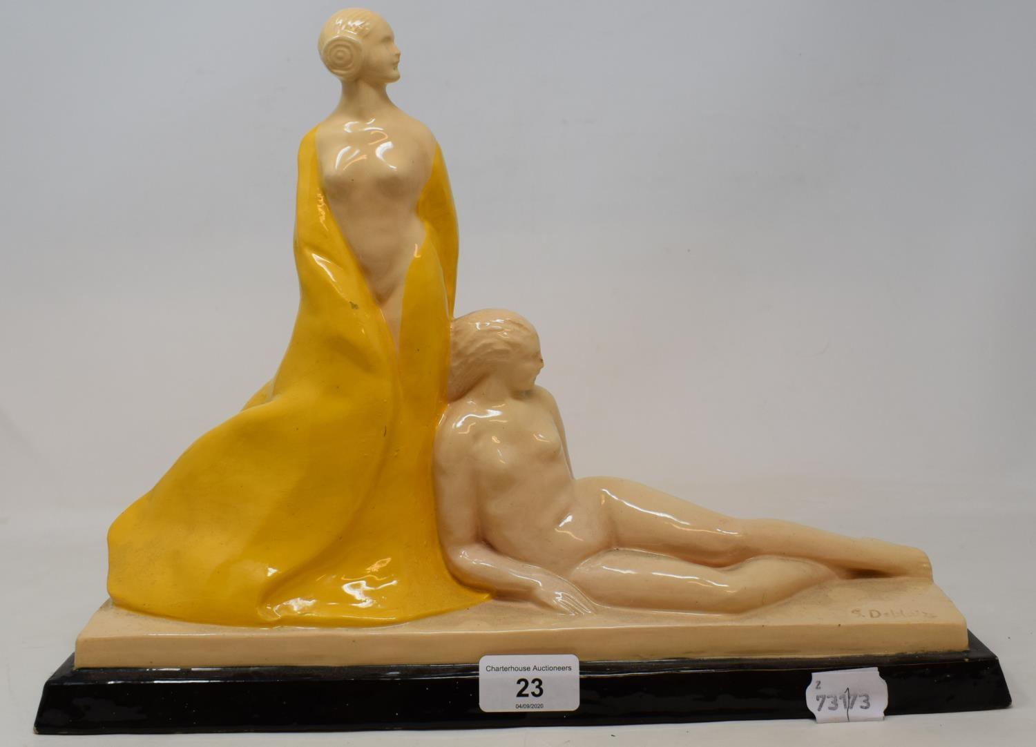 An Art Deco figural group, signed G. Deblaize, 28 cm high Small losses to base, various firing