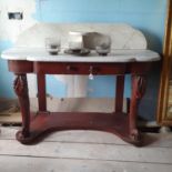 A Victorian marble top washstand, 118 cm wide, and a pine table, reduced in height, 122 cm wide (2)