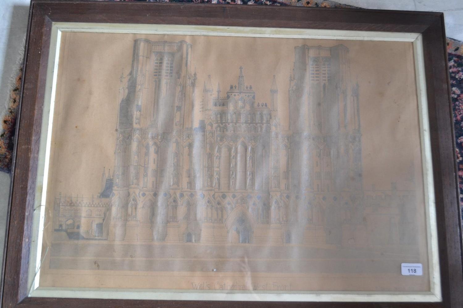 F Curry, Wells Cathedral West Front, pencil, signed, inscribed and dated March 1906, 48 x 70 cm