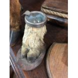 Taxidermy: An ashtray, made from a hoof, a similar hoof inkwell, lacks lid, and a similar hook