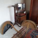 Two French console tables, a jardiniere stand, and a Victorian mahogany dressing mirror, 53 cm