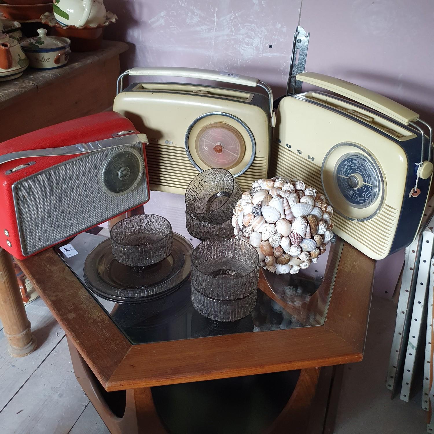 A vintage Bush radio, two others, shell displays, assorted ceramics and glass (qty)