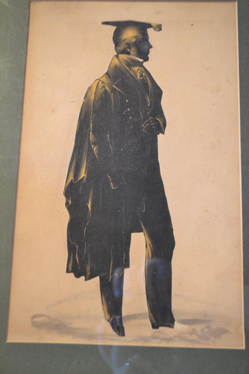 A Victorian bronze tinted silhouette of a scholar, 27.5 x 17 cm and an Edwardian caricature drawing, - Image 2 of 5