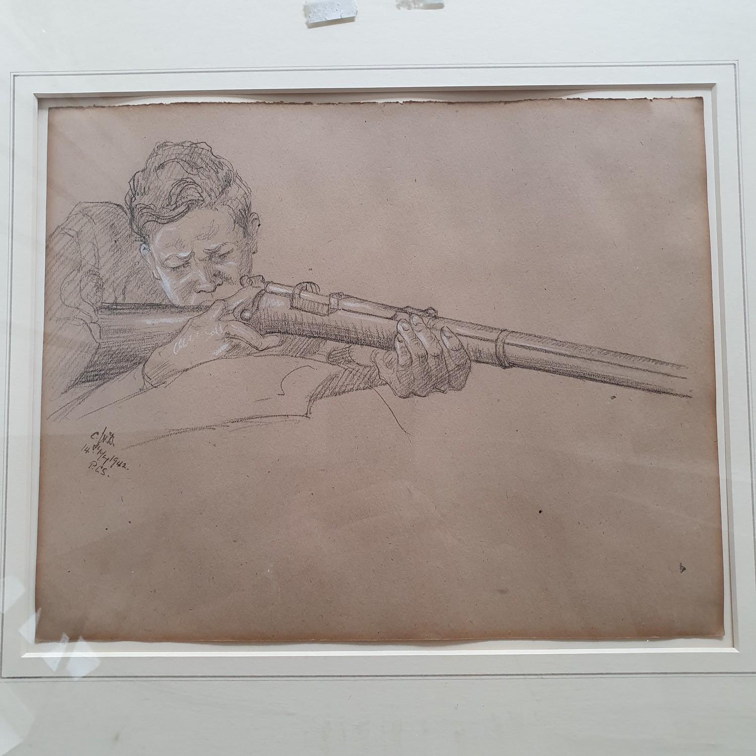 English school, mid 20th century, a young man with a bolt action rifle, charcoal, indistinctly - Image 4 of 5