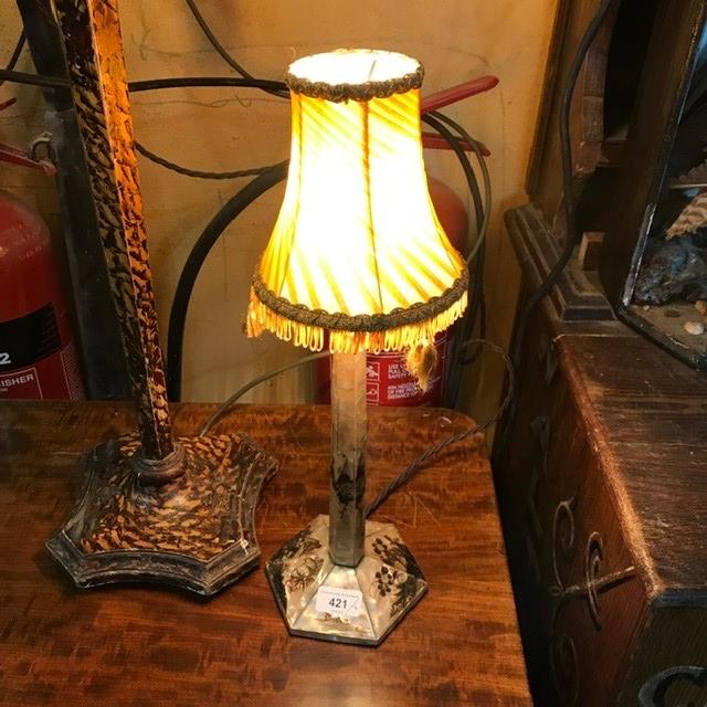 A mother of pearl mounted table lamp, 46 cm high over shade, and another lamp