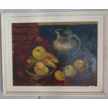 English school, 20th century, still life with a jug and fruit, oil on canvas, 44 x 59 cm, and