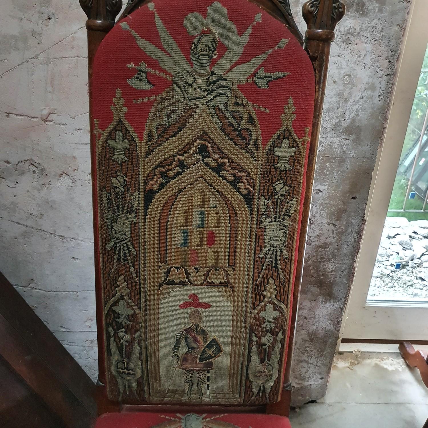 A Victorian Gothic walnut prie dieu chair, with needlework upholstery, wormed, lacks finial - Image 5 of 5