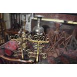 A wool winder, 52 cm high, a pair of wrought iron lamps, a brass lamp, a vase and items