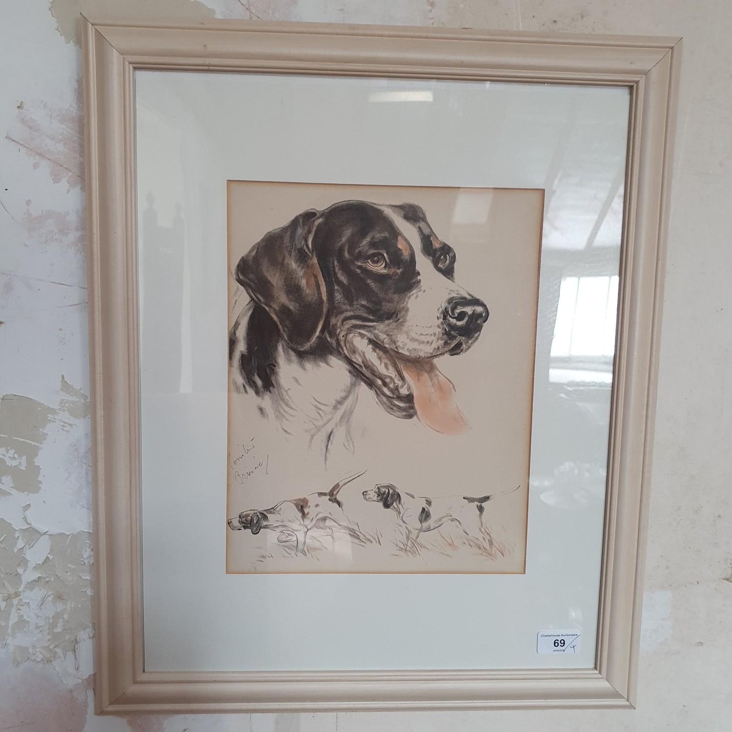 A print of a Pointer dog, and three other pictures (4)