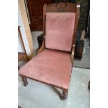 An Edwardian nursing chair, a mahogany dressing mirror, 51 cm wide, and a D shaped table, 89 cm