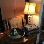 A gesso jewellery type box, a copper pan, a brass lamp, and a metal flask