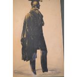 A Victorian bronze tinted silhouette of a scholar, 27.5 x 17 cm and an Edwardian caricature drawing,