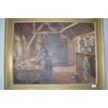 J Donald, preparing food, oil on canvas, signed, 55 x 74 cm and a late Victorian pastel drawing of a