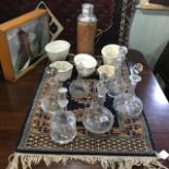 Five jelly moulds, glassware, a vintage thermos, a ship model in a case, 43 cm wide, a small rug, 84
