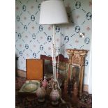 A travelling washstand, 39 cm wide, two mirrors, a painted Victorian standard lamp, and three