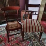 An Edwardian marble and tile top wash stand, 91 cm wide, two 19th century work tables, two chairs, a