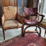 A beech X frame chair, and an Edwardian inlaid mahogany armchair