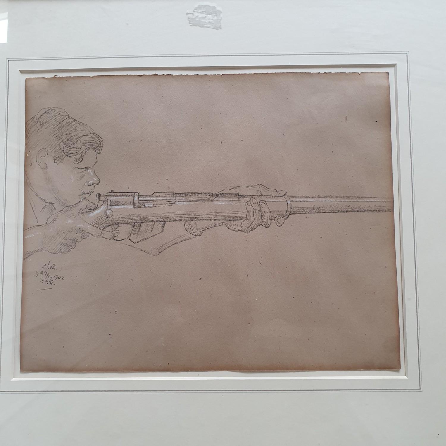 English school, mid 20th century, a young man with a bolt action rifle, charcoal, indistinctly - Image 3 of 5
