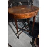 An Edwardian inlaid oval work table, 59 cm wide, and a similar two tier table, 62 cm diameter