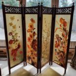 A late Victorian painted glass four fold screen, lacks carved top sections, 128 cm wide