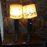 A pair of leather riding boots, with wooden trees, adapted to table lamps, approx 76 cm high over