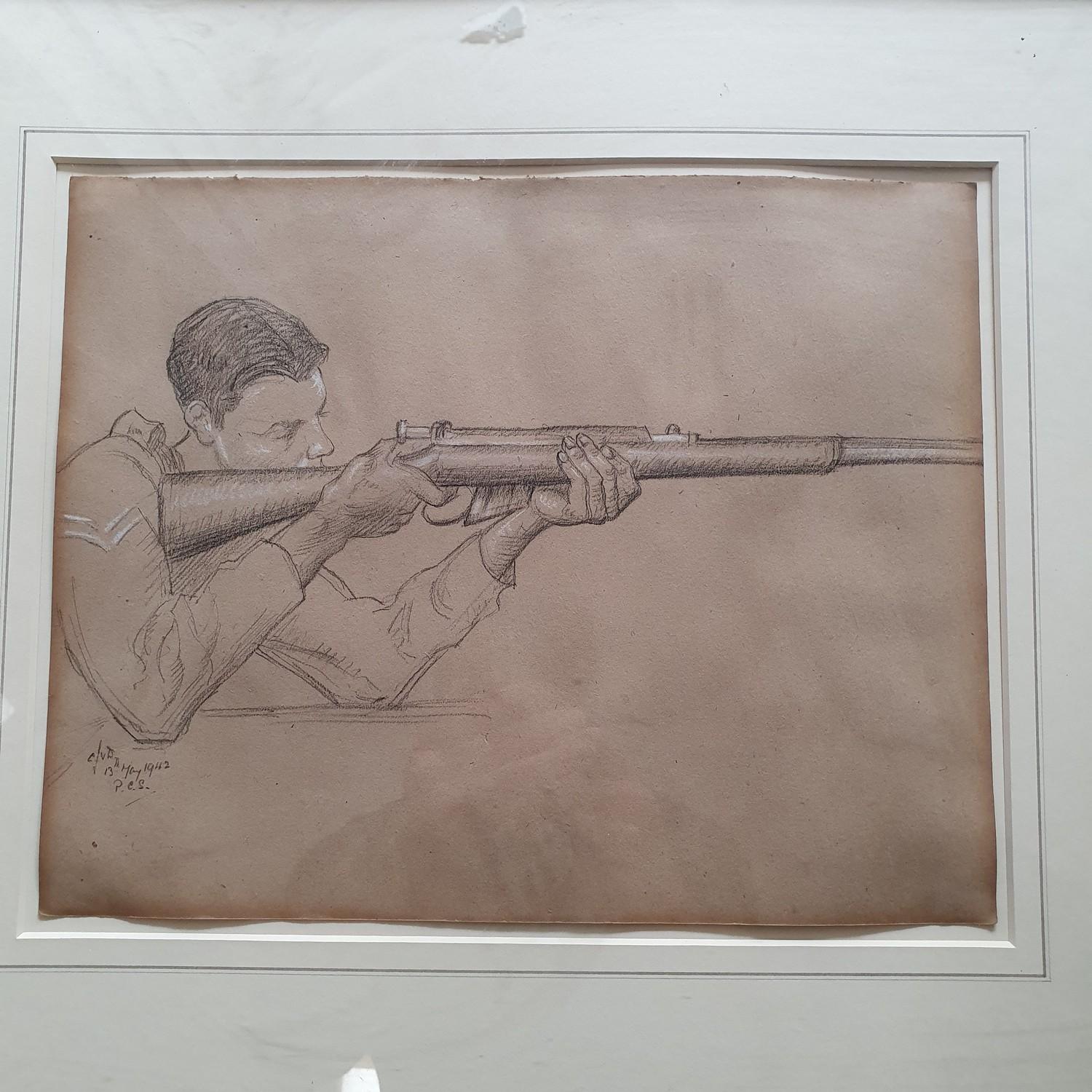 English school, mid 20th century, a young man with a bolt action rifle, charcoal, indistinctly - Image 5 of 5