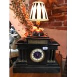 A Victorian black slate mantle clock, adapted in to a lamp, 40 cm wide