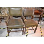 A pair of leather upholstered carver chairs, and a matching pair of single chairs (4)