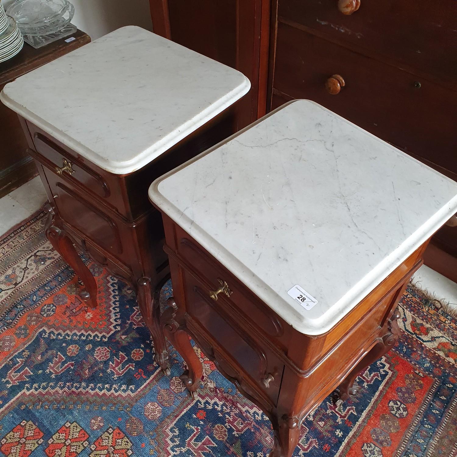 A pair of French walnut bedside cupboards, with marble tops, 38 cm wide x 84 cm high - Image 4 of 4