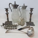 Two cut glass claret jugs with silver plated mounts and various silver plate (3 boxes)