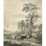 English school, late 18th/early 19th century, figures in a cart near a dwelling, with cattle