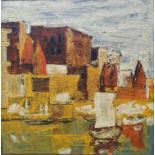 Continental school, 20th century, modern landscape with boat, mixed media, indistinctly signed and