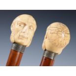 A 19th century walking stick, with Malacca shaft, with carved ivory handle in the form of a