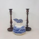 A 19th century Copeland blue and white, jug, two 19th century plates, painted with flowers, ceramics