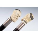 A 19th century automaton walking stick, with carved ivory handle in the form of a cleric's head,