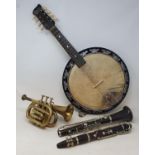 A Melody Major banjo, a Bessons & Co trumpet, and a clarinet (3)