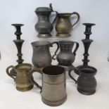 A pair of pewter candlesticks and other pewterware (box)