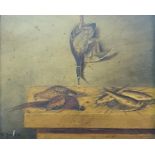 English school, 19th century, still life of dead game and fish, oil on board, 23 x 28 cm