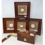 Four framed plaster intaglios, a walnut box, 20 cm wide, and an early 20th century walking stick,